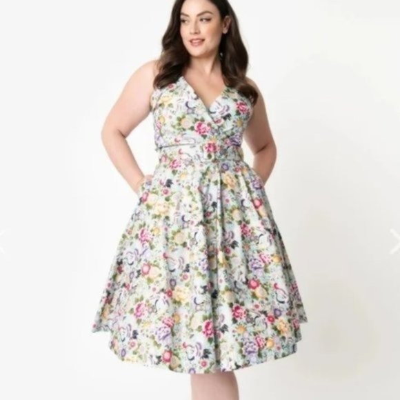 Unique Vintage Tarrytown Halter Swing Dress L Mint Blue Crane Print Metallic - Picture 1 of 8